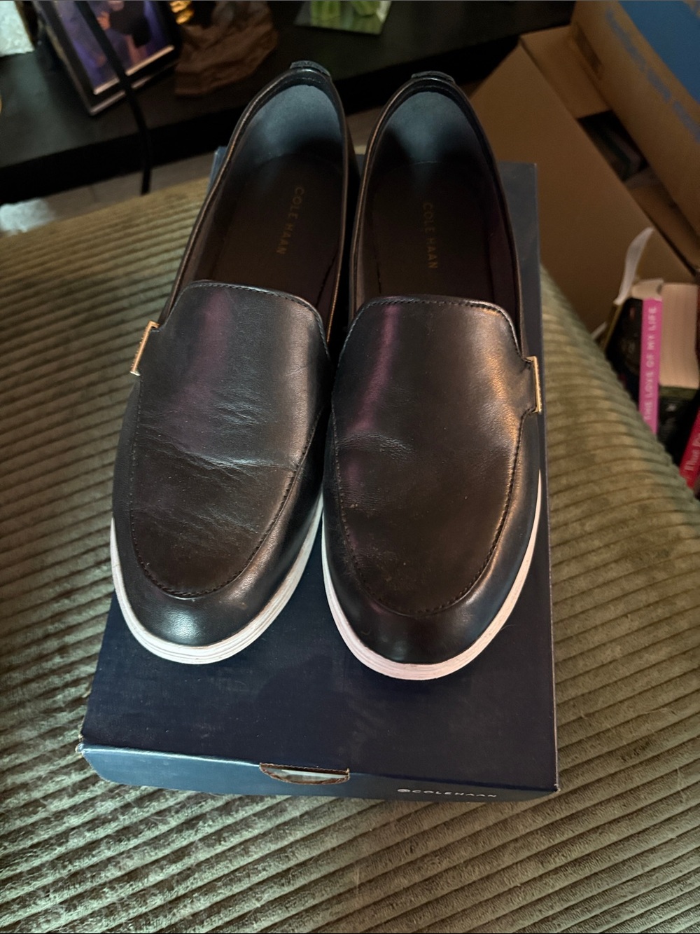 Cole Haan Black Leather Slip-On Loafers with White Sole